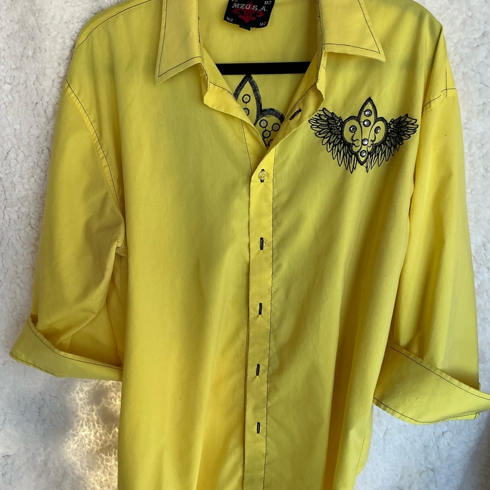 Yellow Men's Casual Shirt with Black Embroidery